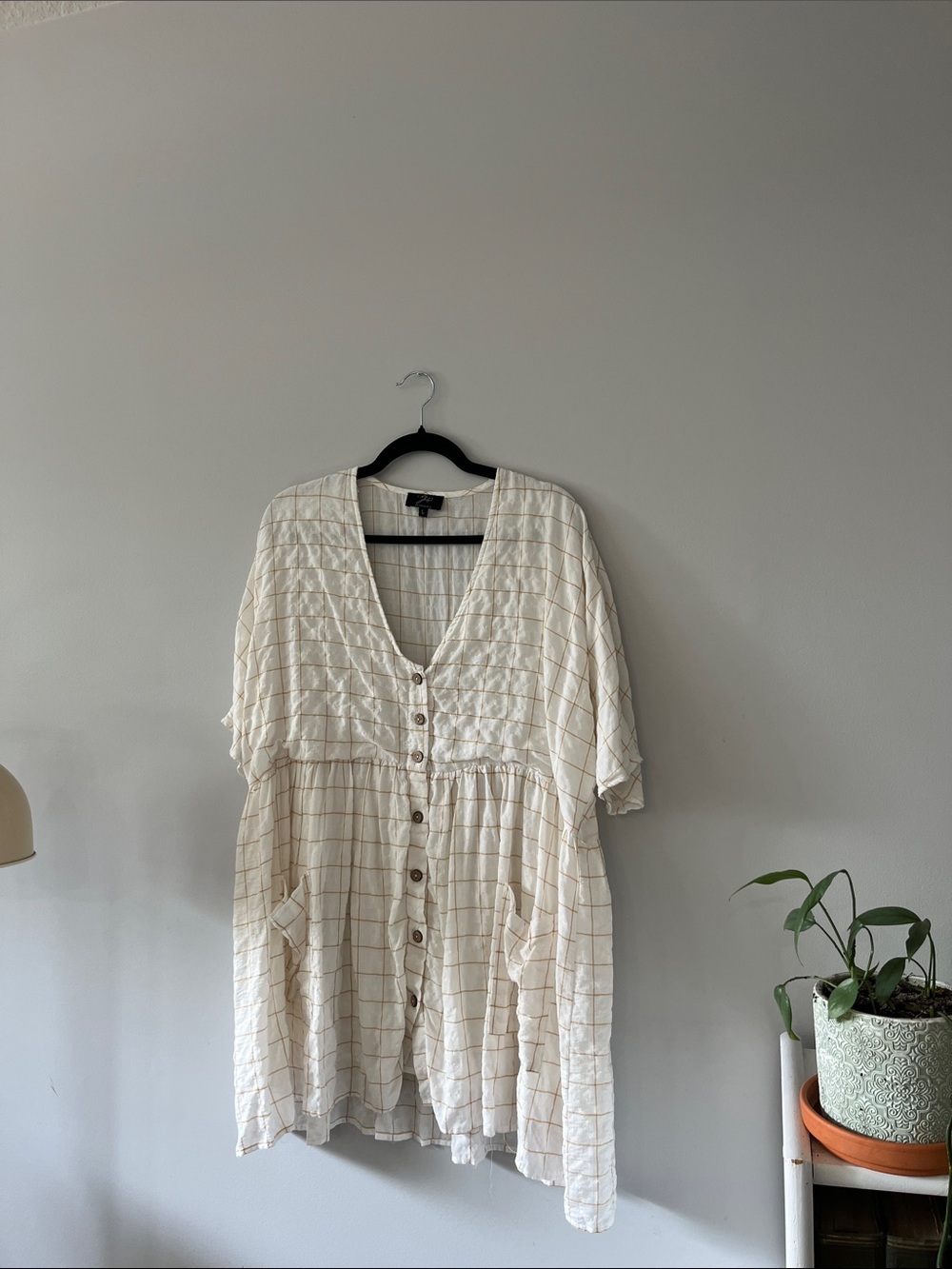 Button-Front Cream Check Tunic